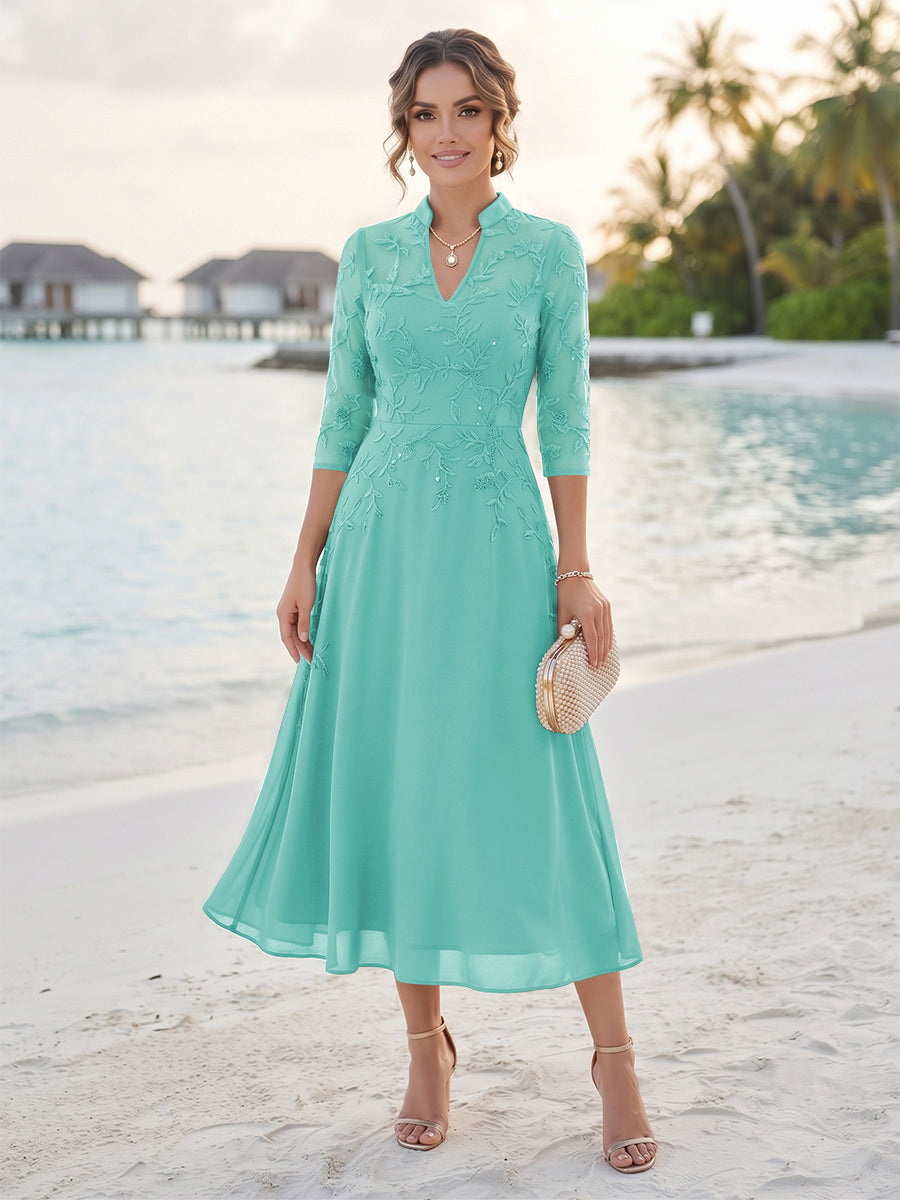 A-Line/Princess 3/4 Sleeves V-Neck Tea-Length Mother Of The Bride Dresses With Sequins &amp; Beading