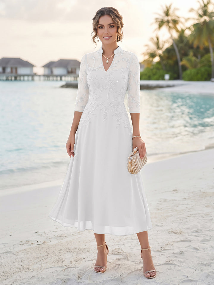 A-Line/Princess 3/4 Sleeves V-Neck Tea-Length Mother Of The Bride Dresses With Sequins &amp; Beading