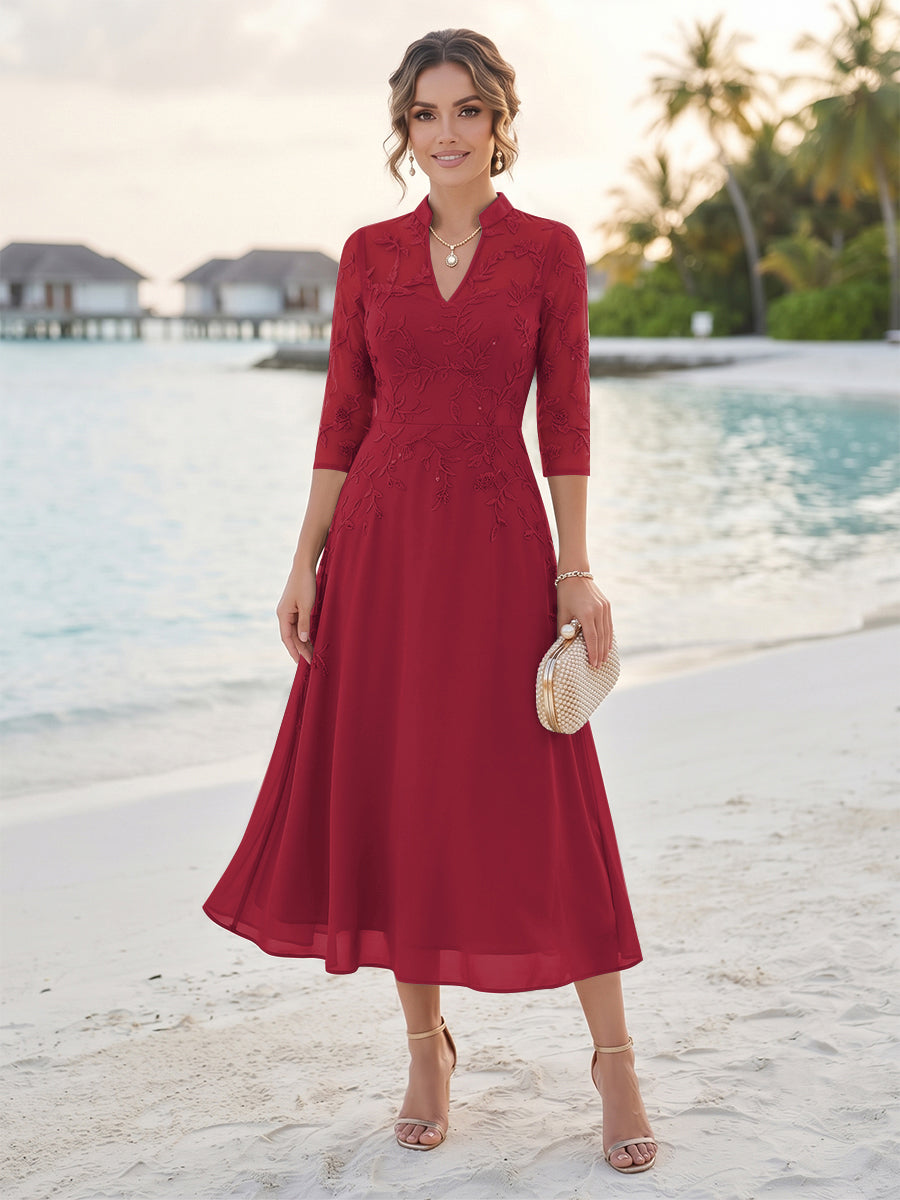 A-Line/Princess 3/4 Sleeves V-Neck Tea-Length Mother Of The Bride Dresses With Sequins &amp; Beading