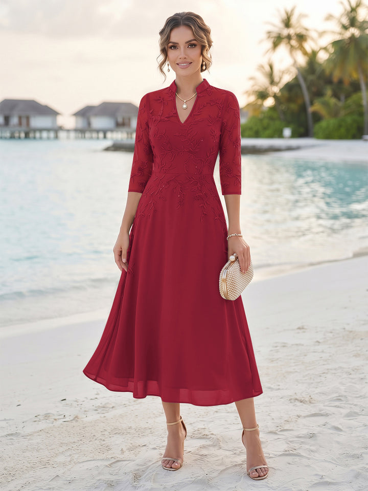 A-Line/Princess 3/4 Sleeves V-Neck Tea-Length Mother Of The Bride Dresses With Sequins &amp; Beading