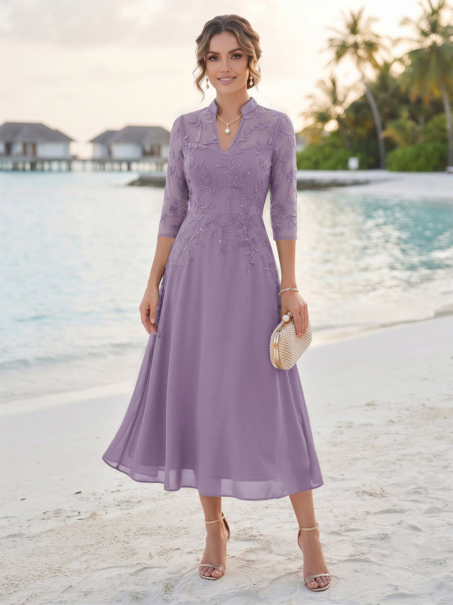 A-Line/Princess 3/4 Sleeves V-Neck Tea-Length Mother Of The Bride Dresses With Sequins &amp; Beading