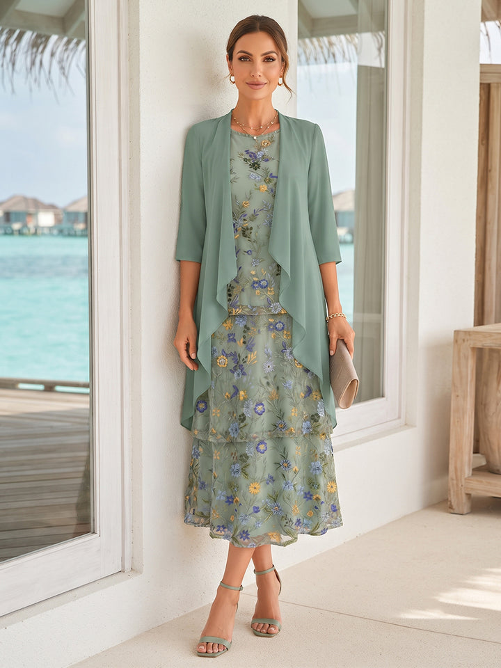A-Line/Princess 3/4 Sleeves Scoop Tea-Length Mother Of The Bride Dresses With Ruffles &amp; Embroidery