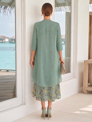 A-Line/Princess 3/4 Sleeves Scoop Tea-Length Mother Of The Bride Dresses With Ruffles & Embroidery