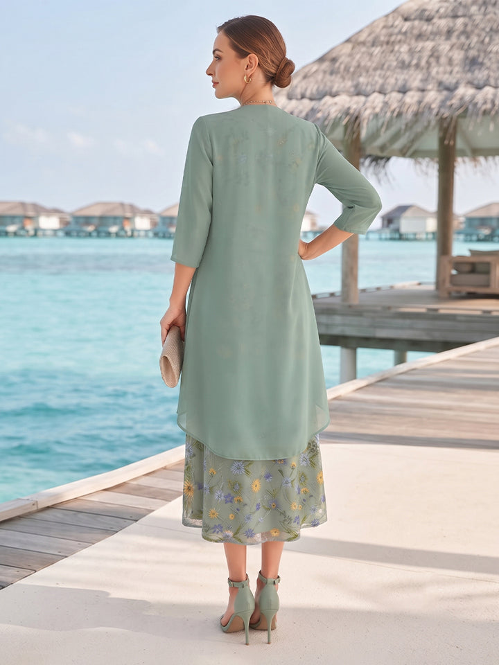 A-Line/Princess 3/4 Sleeves Scoop Tea-Length Mother Of The Bride Dresses With Ruffles &amp; Embroidery