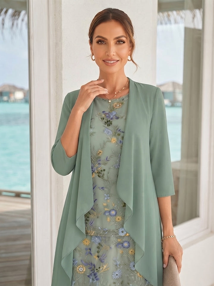 A-Line/Princess 3/4 Sleeves Scoop Tea-Length Mother Of The Bride Dresses With Ruffles &amp; Embroidery