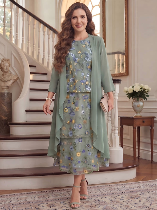 A-Line/Princess Scoop 3/4 Sleeves Chiffon Tea-Length Plus Size Mother of the Bride Dresses With Ruffles & Embroidery