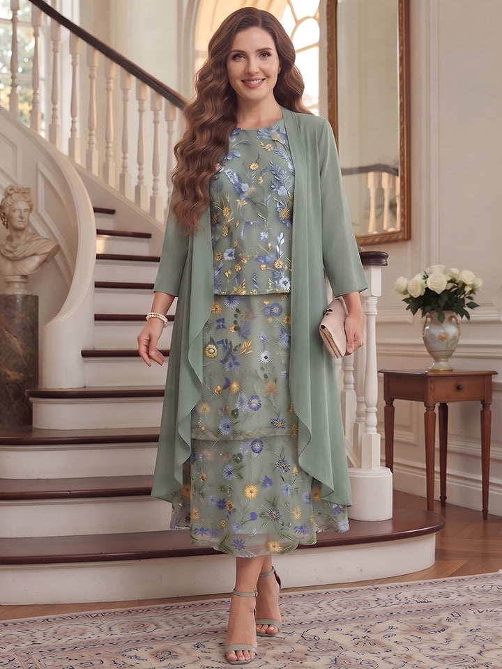 A-Line/Princess Scoop 3/4 Sleeves Chiffon Tea-Length Plus Size Mother of the Bride Dresses With Ruffles &amp; Embroidery
