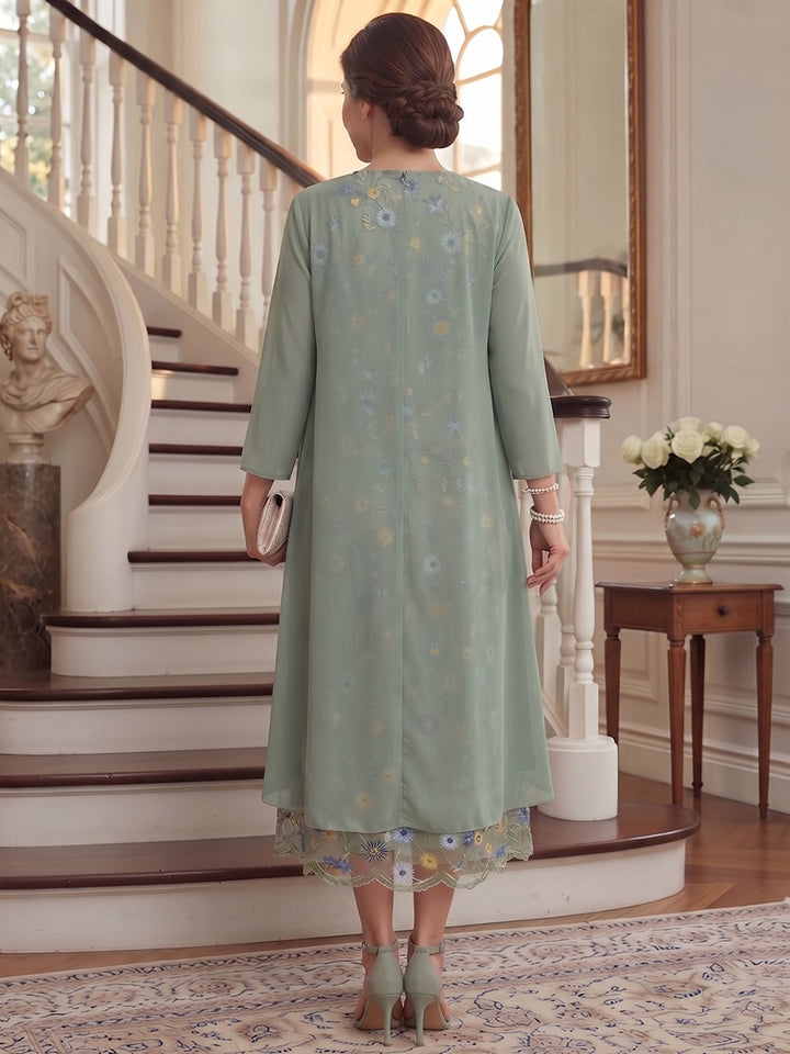 A-Line/Princess Scoop 3/4 Sleeves Chiffon Tea-Length Plus Size Mother of the Bride Dresses With Ruffles &amp; Embroidery