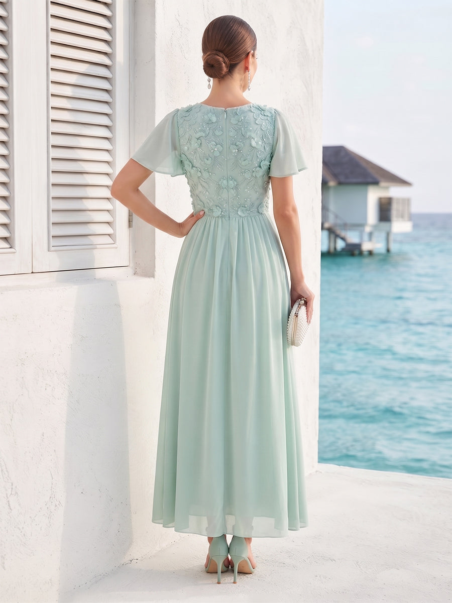 A-Line/Princess Short Sleeves V Neck Floor-Length Mother of the Bride Dresses with 3D Floral &amp; Embroidery