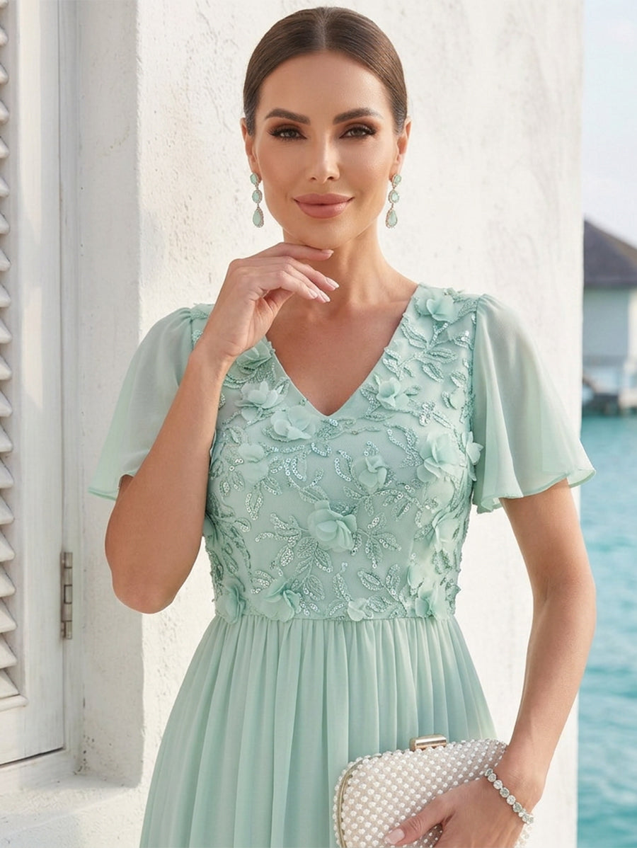 A-Line/Princess Short Sleeves V Neck Floor-Length Mother of the Bride Dresses with 3D Floral &amp; Embroidery