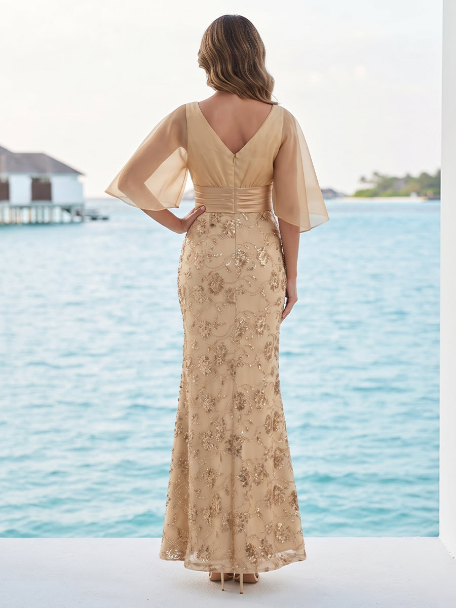 Trumpet/Mermaid Scoop Flutter Sleeves Floor-Length Mother of the Bride Dresses with Appliques