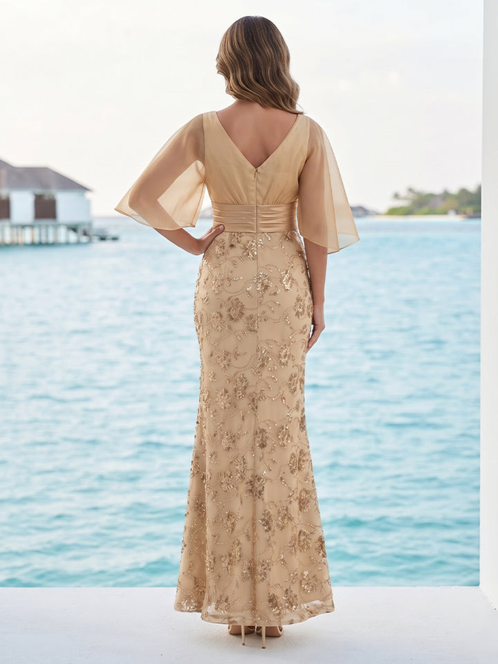 Trumpet/Mermaid Scoop Flutter Sleeves Floor-Length Mother of the Bride Dresses with Appliques