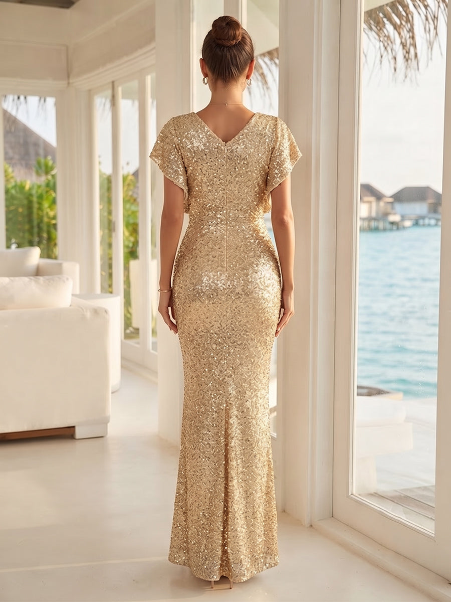Trumpet/Mermaid Scoop Flutter Sleeves Floor-Length Mother of the Bride Dresses with Sequins