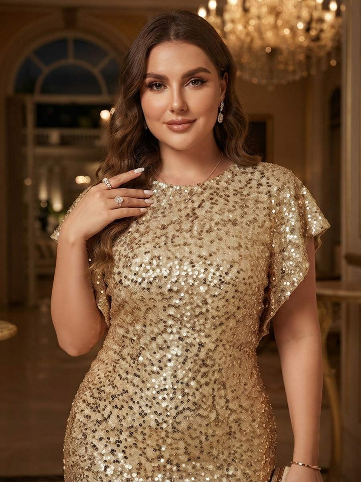 Trumpet/Mermaid Scoop Flutter Sleeves Floor-Length Plus Size Evening Dresses with Sequins
