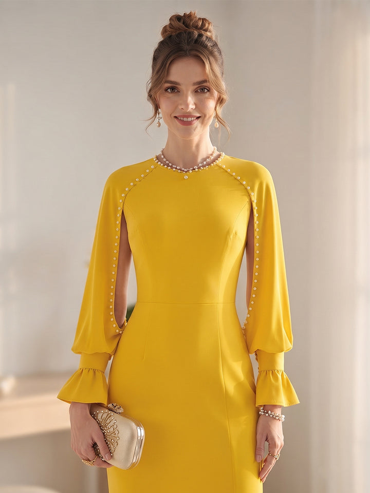 Sheath Column Scoop Long Sleeves Knee-Length Mother of the Bride Dresses with Beading