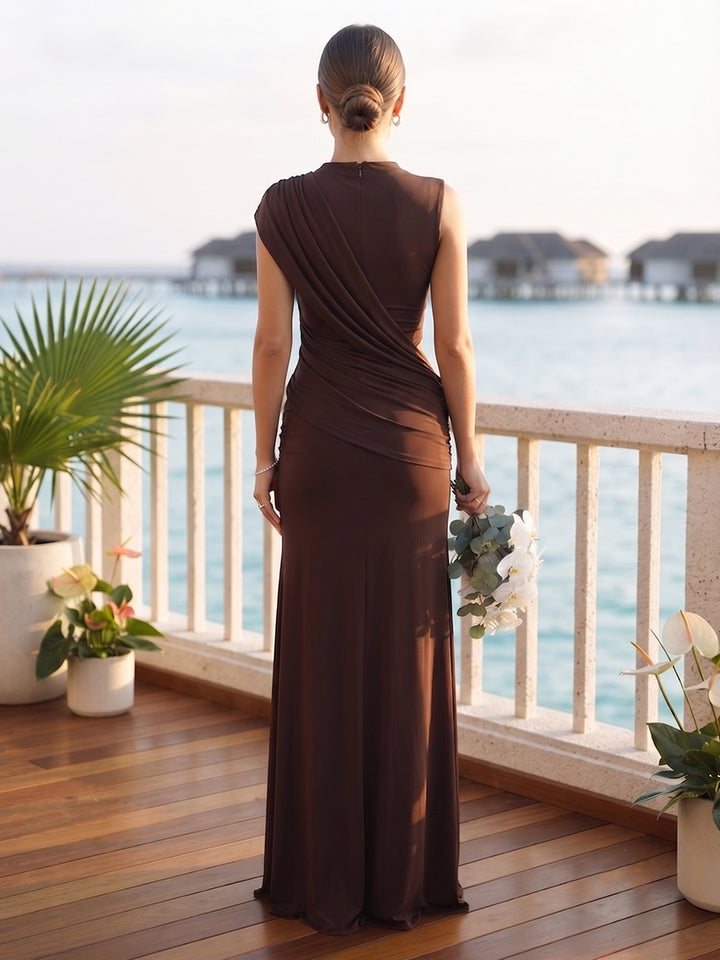 Trumpet/Mermaid Asymmetrical High Neck Long Bridesmaid Dresses with Ruched &amp; Pleats