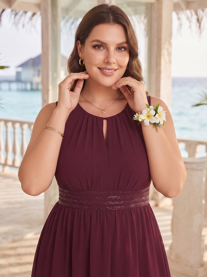A-Line/Princess Scoop Sleeveless Floor-Length Plus Size Bridesmaid Dresses with  Pleated &amp; Keyhole