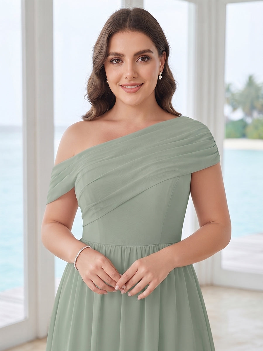 A-Line/Princess Asymmetrical Floor-Length Plus Size Bridesmaid Dresses with Pleats