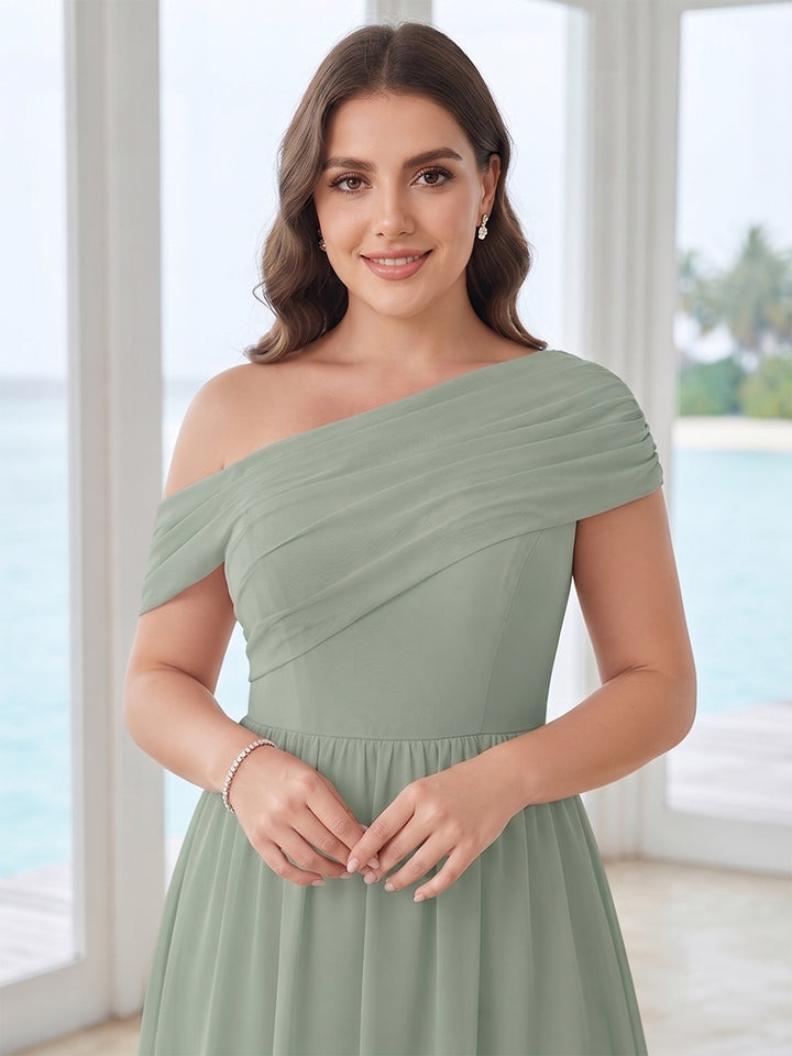 A-Line/Princess Asymmetrical Floor-Length Plus Size Bridesmaid Dresses with Pleats