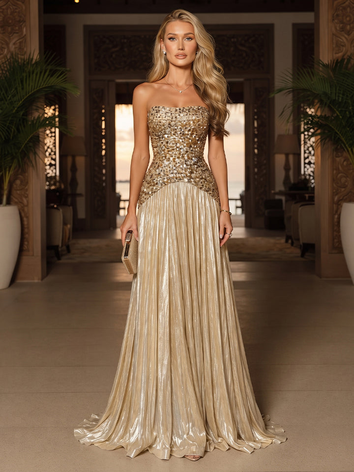 A-Line/Princess Strapless Sleeveless Floor-Length Evening Dresses with Pleats &amp; Sequins