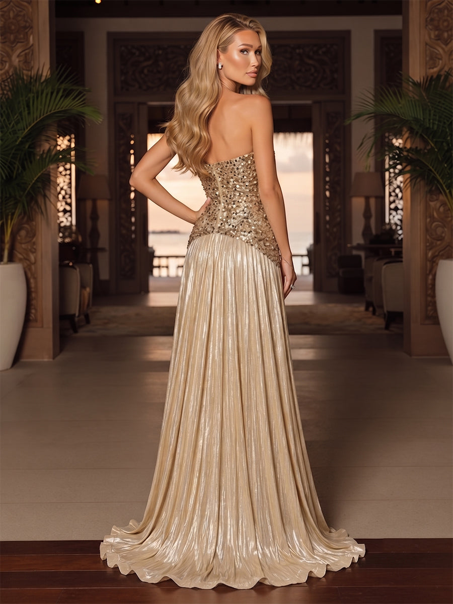 A-Line/Princess Strapless Sleeveless Floor-Length Evening Dresses with Pleats &amp; Sequins
