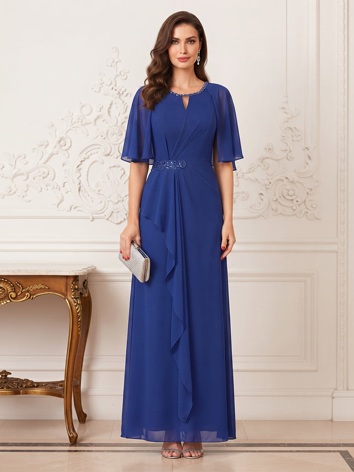 A-Line/Princess Scoop Half Sleeves Floor-Length Mother of the Bride Dresses with Ruffles &amp; Sequins