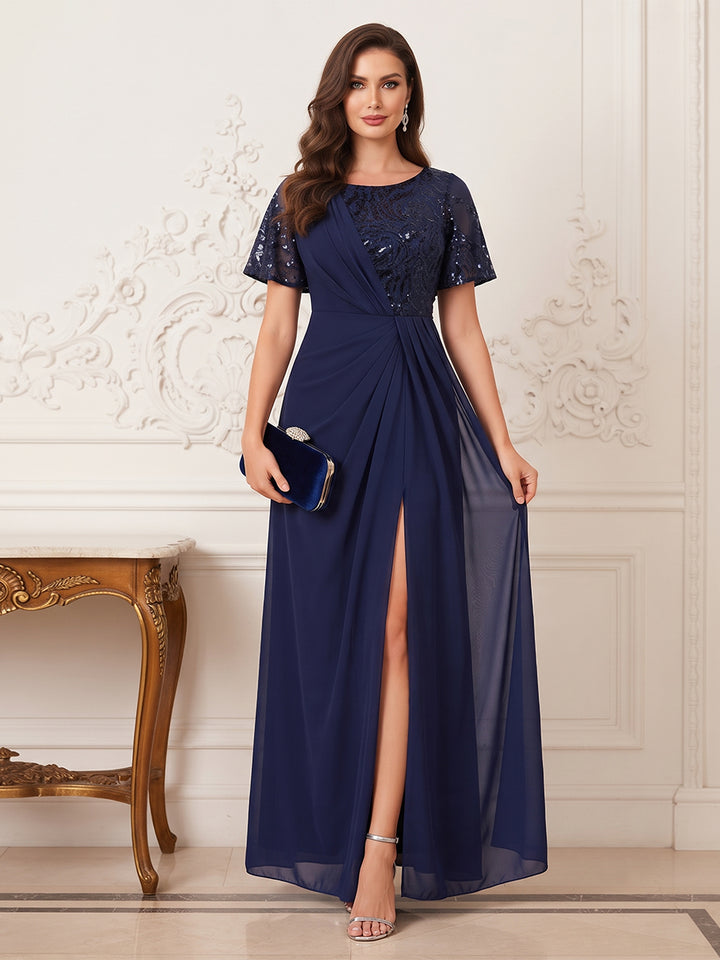 Sheath/Column Scoop Short Sleeves Floor-Length Mother Of The Bride Dresses With Split Side &amp; Applique