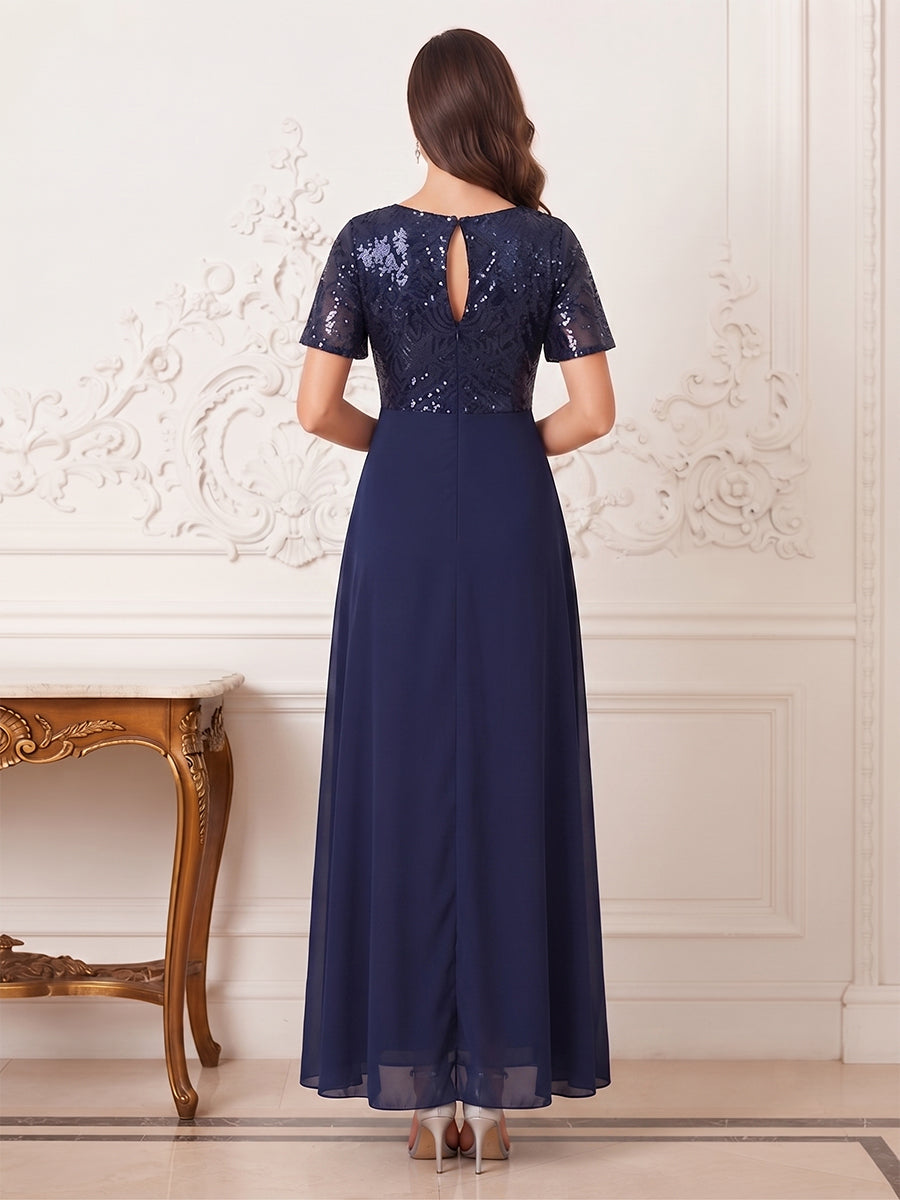 Sheath/Column Scoop Short Sleeves Floor-Length Mother Of The Bride Dresses With Split Side &amp; Applique