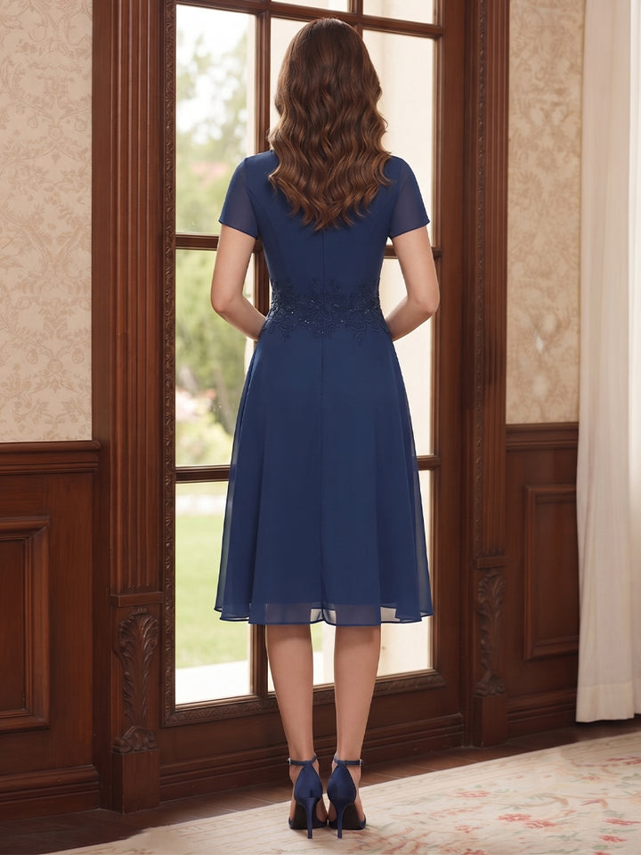 Sheath/Column V-Neck Short Sleeves Knee Length 2 Pieces Mother of the Bride Dresses with Applique