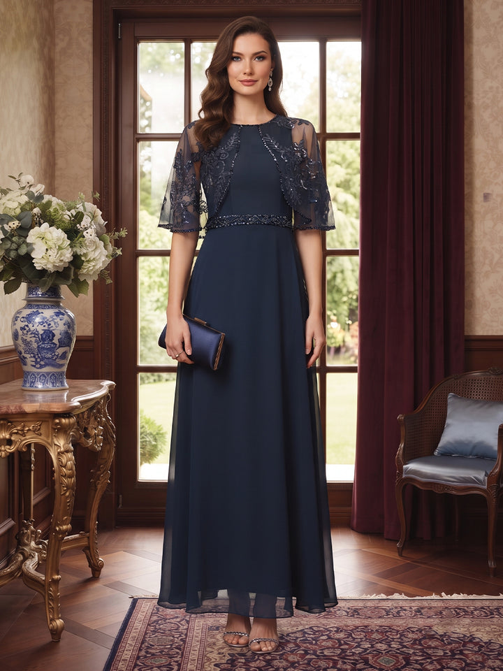 A-Line/Princess Scoop Half Sleeves Floor-Length Mother of the Bride Dresses with Cape &amp; Sequins