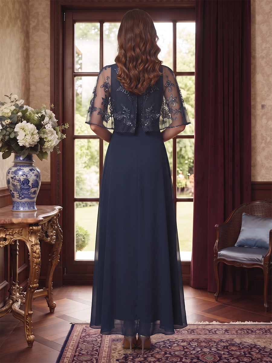 A-Line/Princess Scoop Half Sleeves Floor-Length Mother of the Bride Dresses with Cape &amp; Sequins