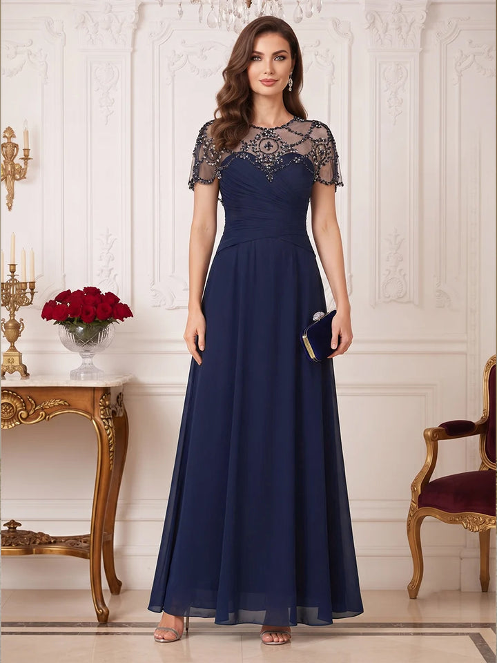 A-Line/Princess Scoop Short Sleeves Floor-Length Mother of the Bride Dresses with Rhinestone &amp; Ruched