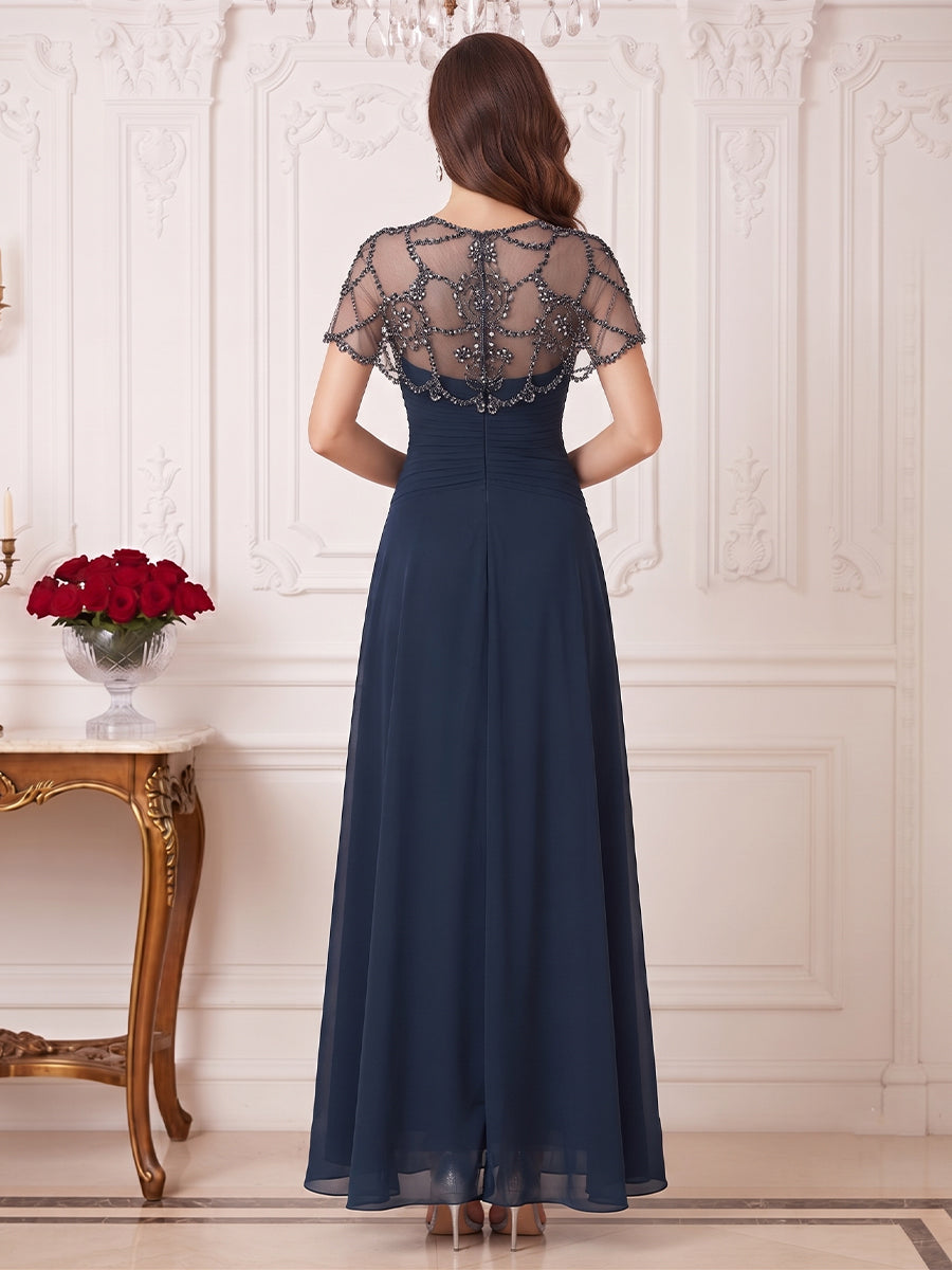 A-Line/Princess Scoop Short Sleeves Floor-Length Mother of the Bride Dresses with Rhinestone & Ruched