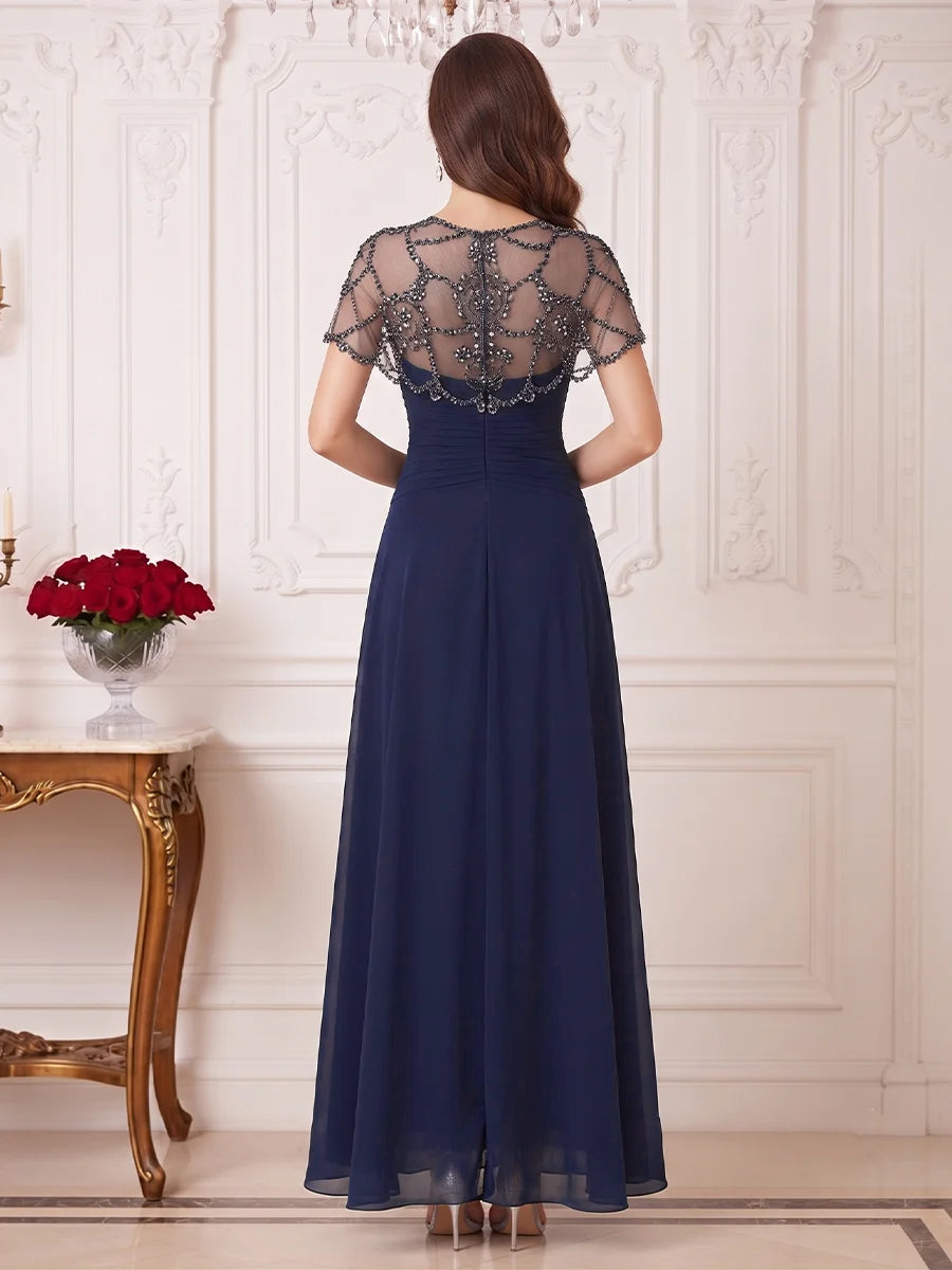 A-Line/Princess Scoop Short Sleeves Floor-Length Mother of the Bride Dresses with Rhinestone &amp; Ruched
