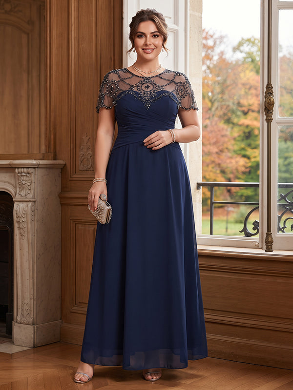 A-Line/Princess Scoop Short Sleeves Floor-Length Plus Size Mother of the Bride Dresses with Rhinestone & Ruched