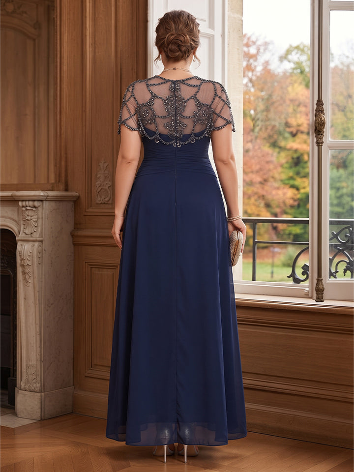 A-Line/Princess Scoop Short Sleeves Floor-Length Plus Size Mother of the Bride Dresses with Rhinestone &amp; Ruched