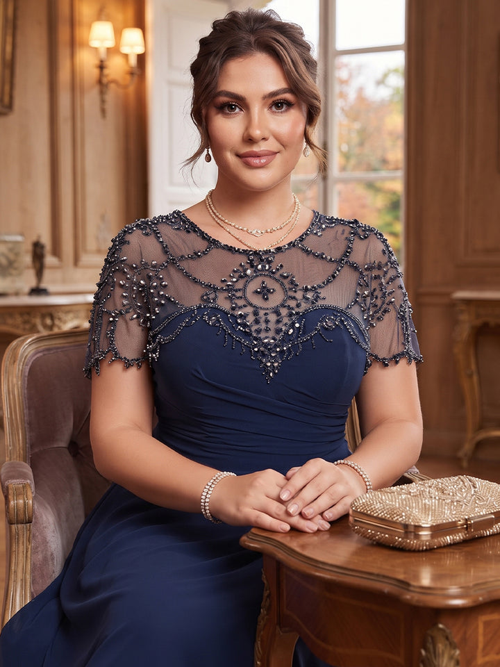 A-Line/Princess Scoop Short Sleeves Floor-Length Plus Size Mother of the Bride Dresses with Rhinestone &amp; Ruched