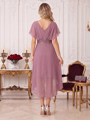 A-Line/Princess V-Neck Short sleeves Asymmetrical Mother of the Bride Dresses with Applique & Ruffles