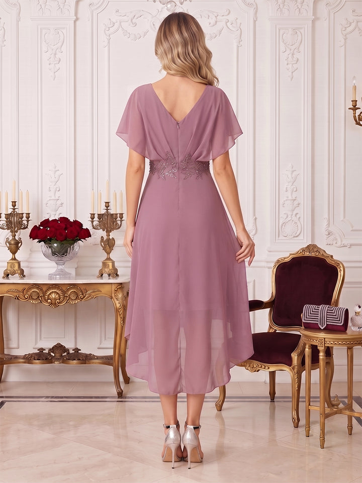 A-Line/Princess V-Neck Short sleeves Asymmetrical Mother of the Bride Dresses with Applique &amp; Ruffles