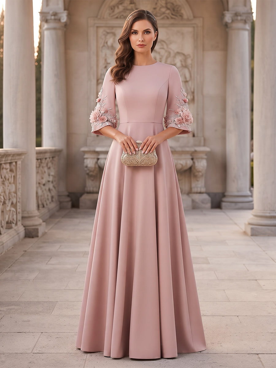 A-Line/Princess Scoop Half Sleeves Floor-Length Mother of the Bride Dresses with 3D floral