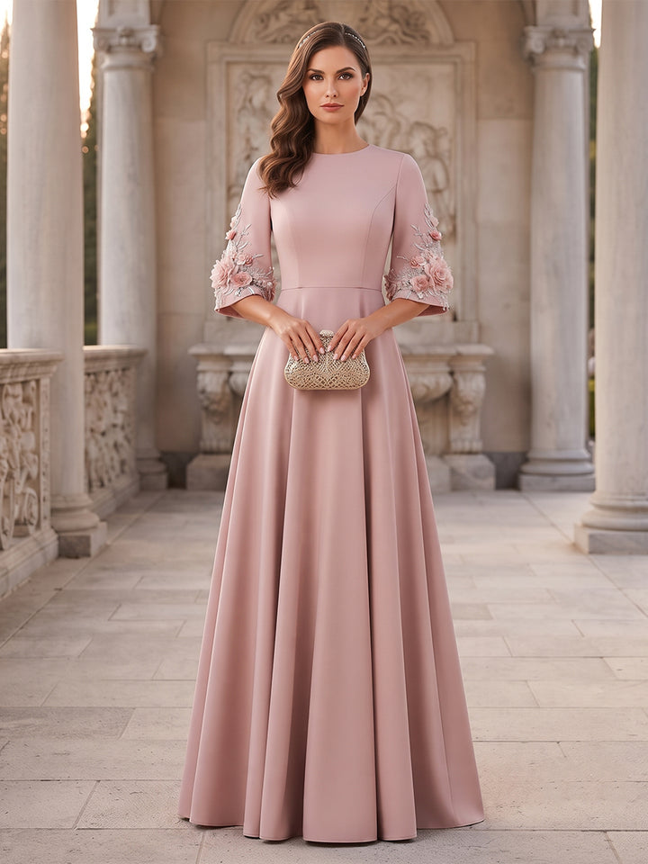 A-Line/Princess Scoop Half Sleeves Floor-Length Mother of the Bride Dresses with 3D floral