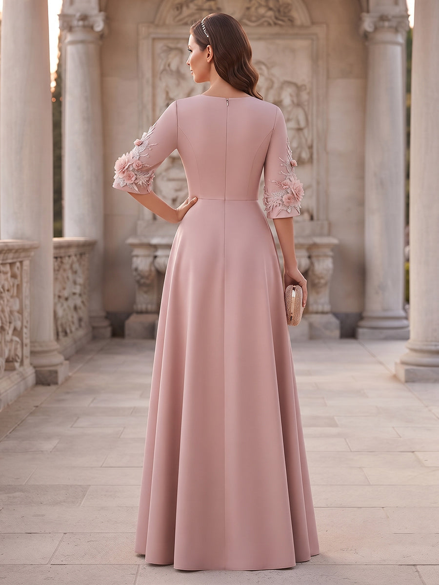 A-Line/Princess Scoop Half Sleeves Floor-Length Mother of the Bride Dresses with 3D floral