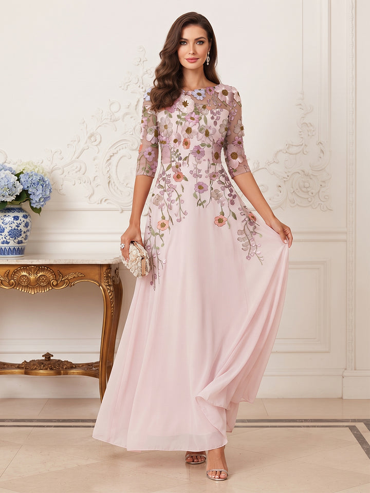 A-Line/Princess Illusion Neck 3/4 Sleeves Floor Length Mother of the Bride Dresses with Flower &amp; Embroidery