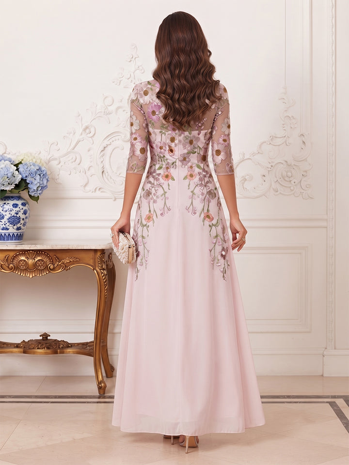 A-Line/Princess Illusion Neck 3/4 Sleeves Floor Length Mother of the Bride Dresses with Flower &amp; Embroidery
