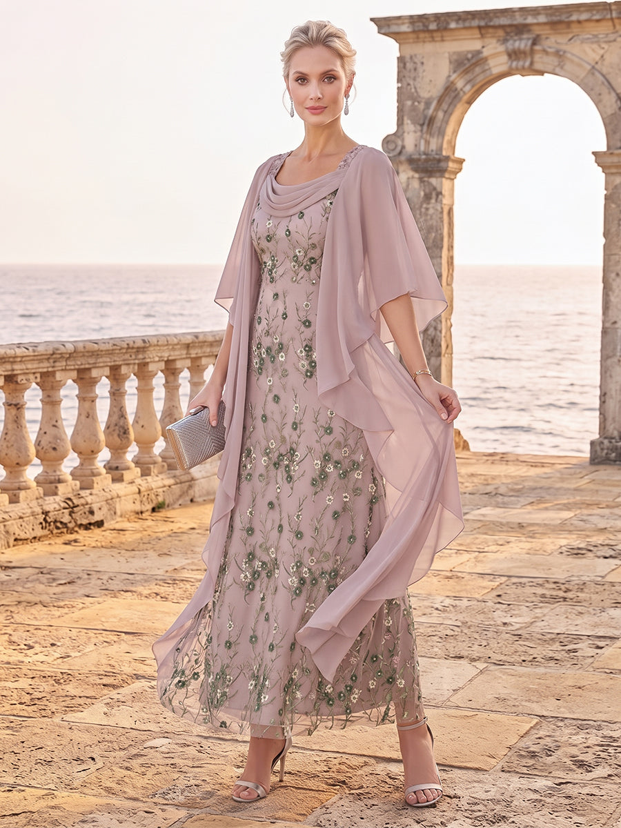 A-Line/Princess 3/4 Sleeves Scoop Ankle-Length Mother Of The Bride Dresses With Ruffles &amp; Embroidery
