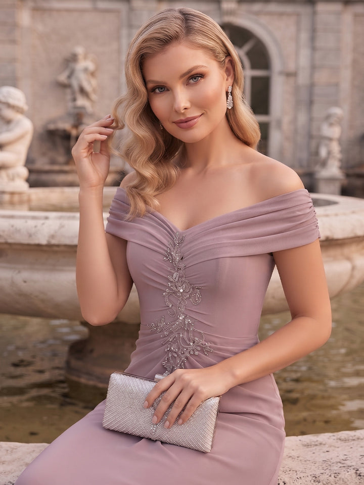 A-Line/Princess Off-the-Shoulder Sleeveless Floor-Length Mother of the Bride Dresses with Ruched &amp; Embroidery