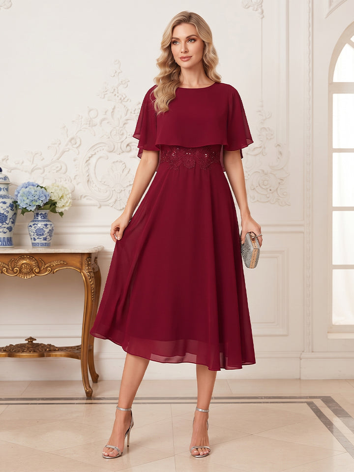 A-Line/Princess Scoop Half Sleeves Tea-Length Mother of the Bride Dresses with Applique &amp; Ruffles