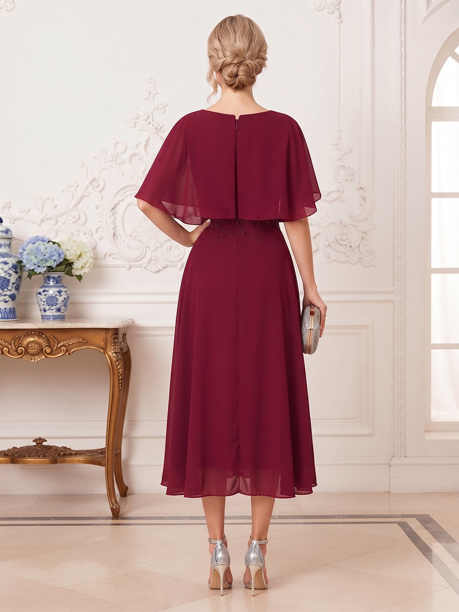 A-Line/Princess Scoop Half Sleeves Tea-Length Mother of the Bride Dresses with Applique &amp; Ruffles