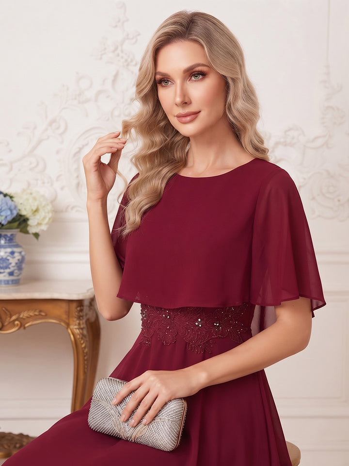 A-Line/Princess Scoop Half Sleeves Tea-Length Mother of the Bride Dresses with Applique &amp; Ruffles