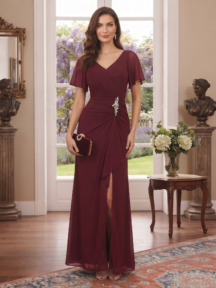 Sheath/Column V-Neck Short sleeves Ankle-Length Mother of the Bride Dresses with Split Side &amp; Ruffles